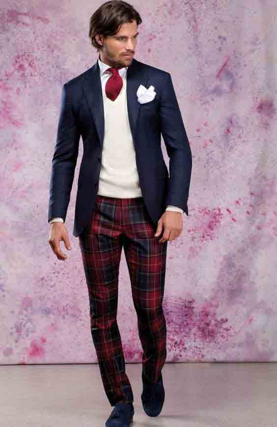 New blue coat with red pants and white shirt from the new collection of latest Christmas party dresses for men in 2017