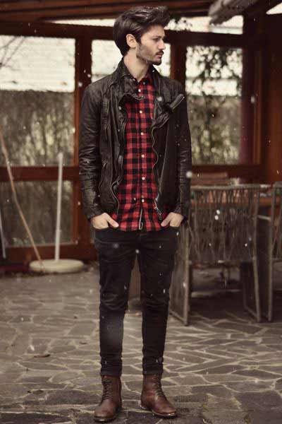 Red checkbox shirt with black jacket and jeans from the new collection of latest Christmas party dresses for men in 2017