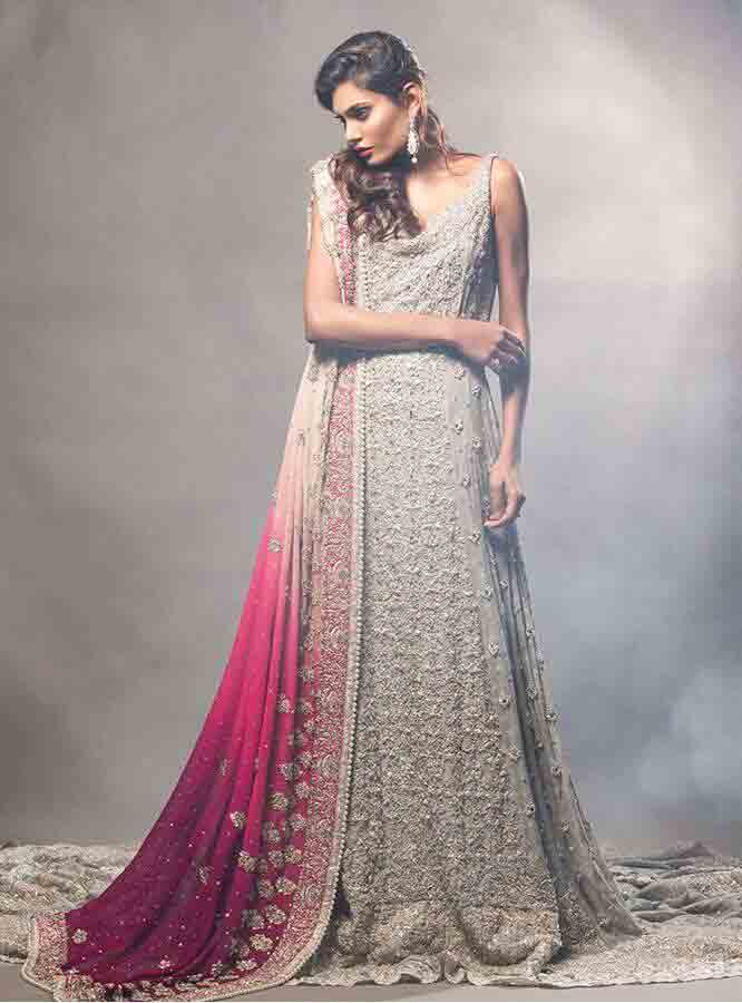 Gray and pink Pakistani bridal long tail maxi gown dress designs 2017