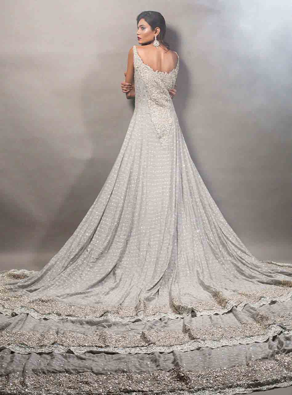 Gray Pakistani bridal long tail maxi gown dress designs 2017