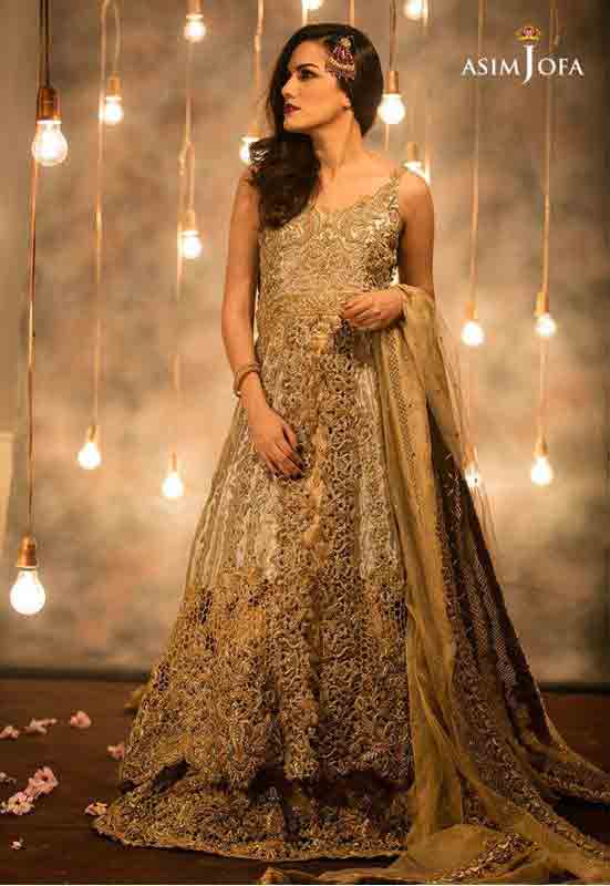 Golden brown Pakistani bridal long tail maxi gown dress designs 2017