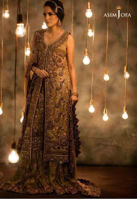 Golden brown Pakistani bridal long tail maxi gown dress designs 2017