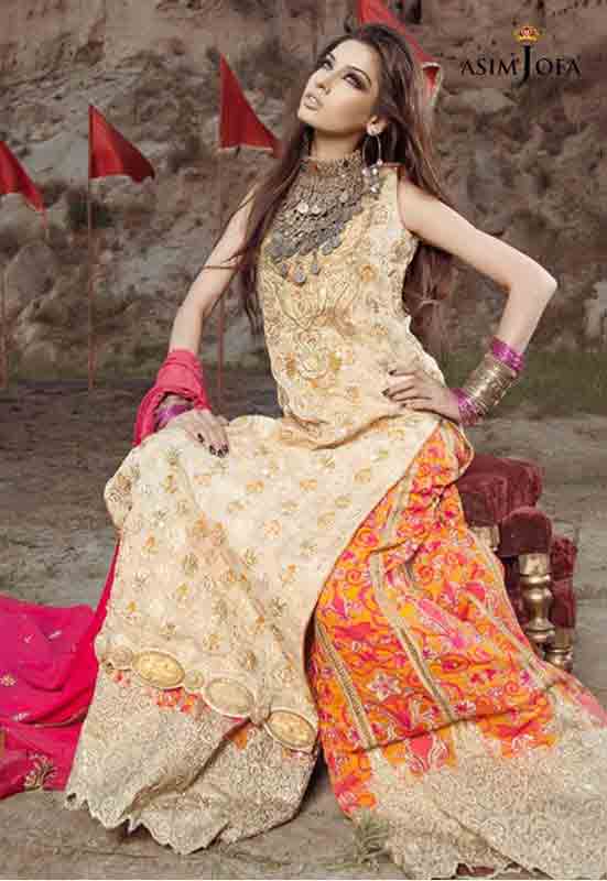 Orange and lime Pakistani bridal long tail maxi gown dress designs 2017