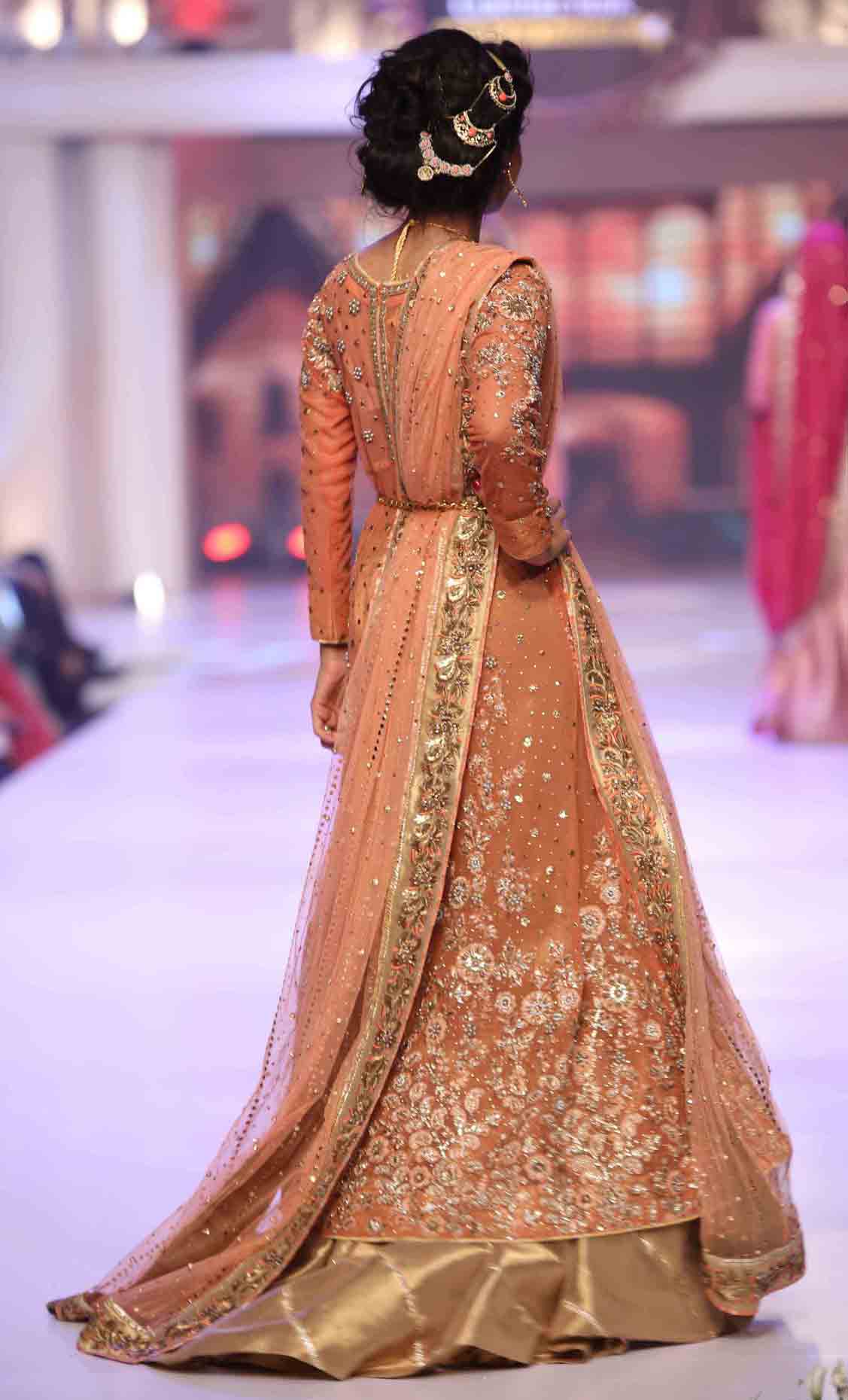 Peach Pakistani bridal long tail maxi gown dress designs 2017