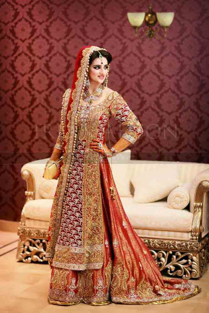 Golden and red Pakistani bridal long tail maxi gown dress designs 2017