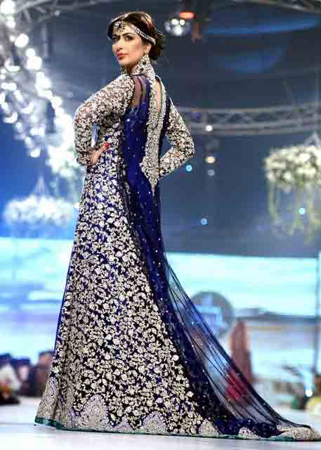 Navy blue and silver Pakistani bridal long tail maxi gown dress designs 2017