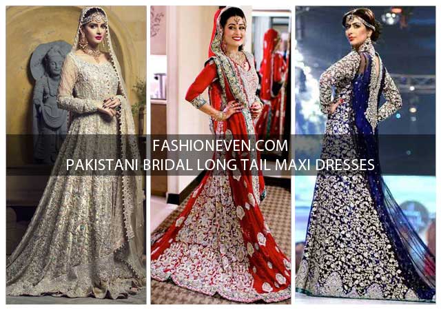 Latest red blue and gray Pakistani bridal long tail maxi gown dress designs 2017