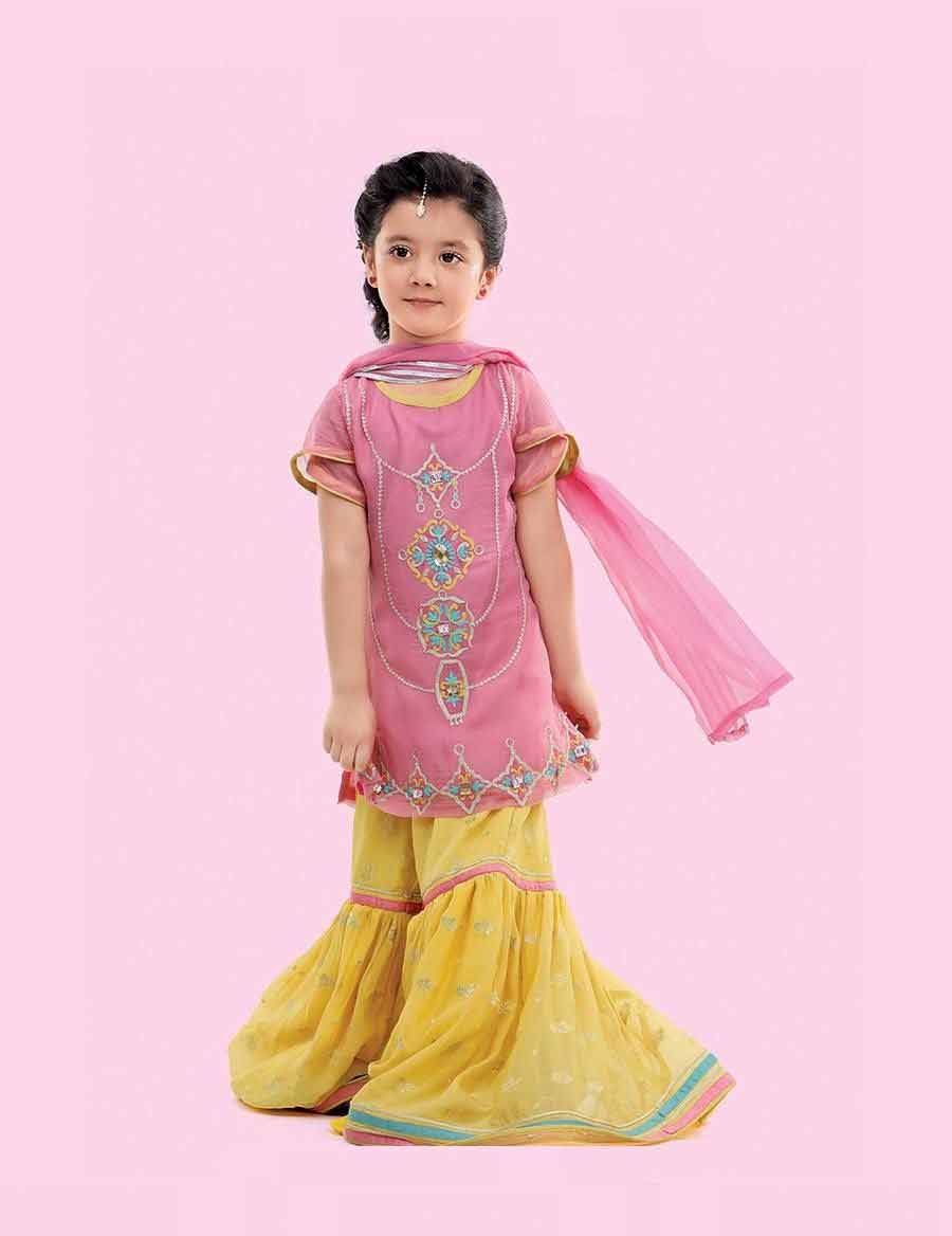 Yellow & Hot Pink Kleding Meisjeskleding Jurken 3 Piece Girl's Gharara Dress 