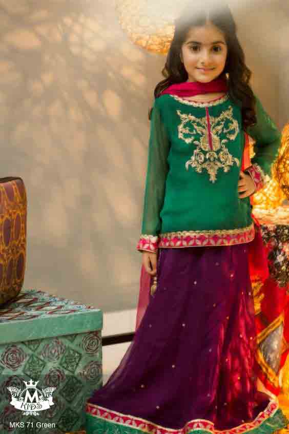 Green and purple embroidered baby girls sharara dress designs 2018 for wedding party with dupatta