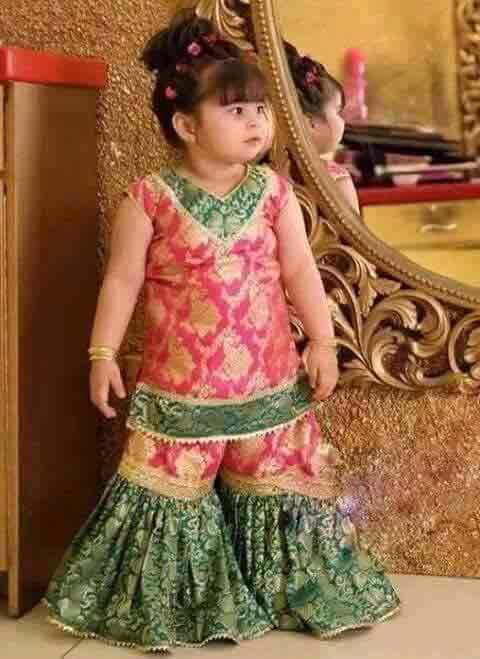 Green and pink jamawar baby girls sharara dress designs 2018 for wedding party