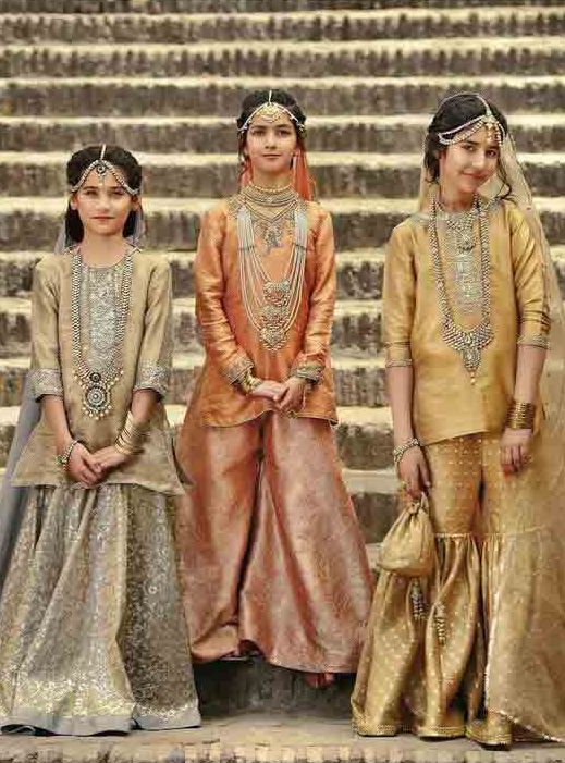 Off white and golden baby girls sharara dress designs 2018 for wedding party