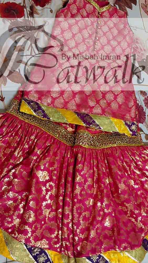 Pink and yellow jamawar baby girls sharara dress designs 2018 for wedding party