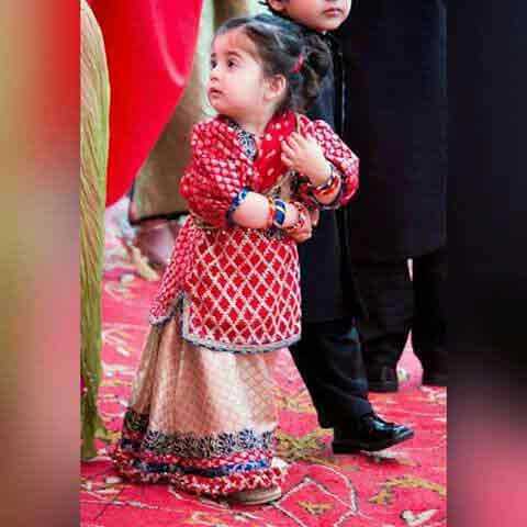 Red and golden jamawar baby girls sharara dress designs 2018 for wedding party