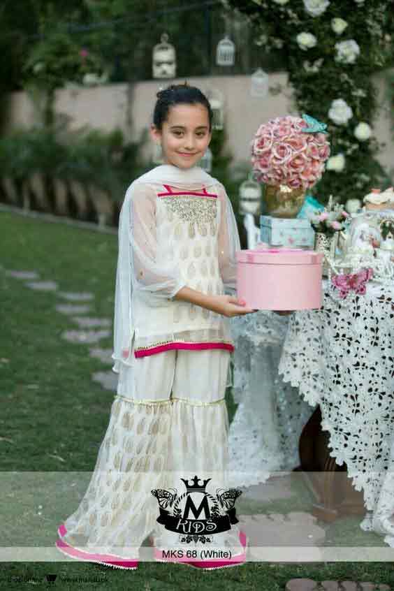 White and pink baby girls sharara dress designs 2018 for wedding party with dupatta