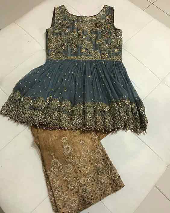 Blue and golden baby girls sharara dress designs 2018 for wedding party