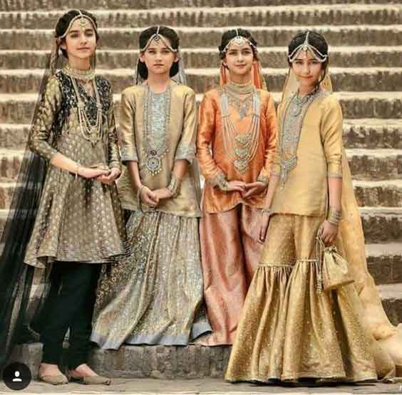 Royal orange golden and green baby girls sharara dress designs 2018 for wedding party