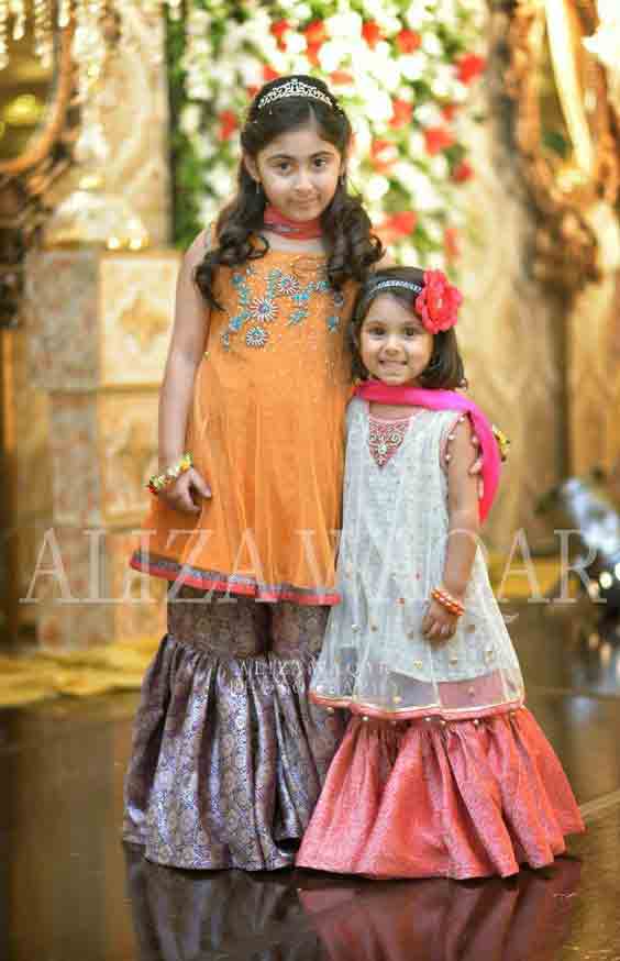 Orange and white baby girls sharara dress designs 2018 for wedding party with dupatta