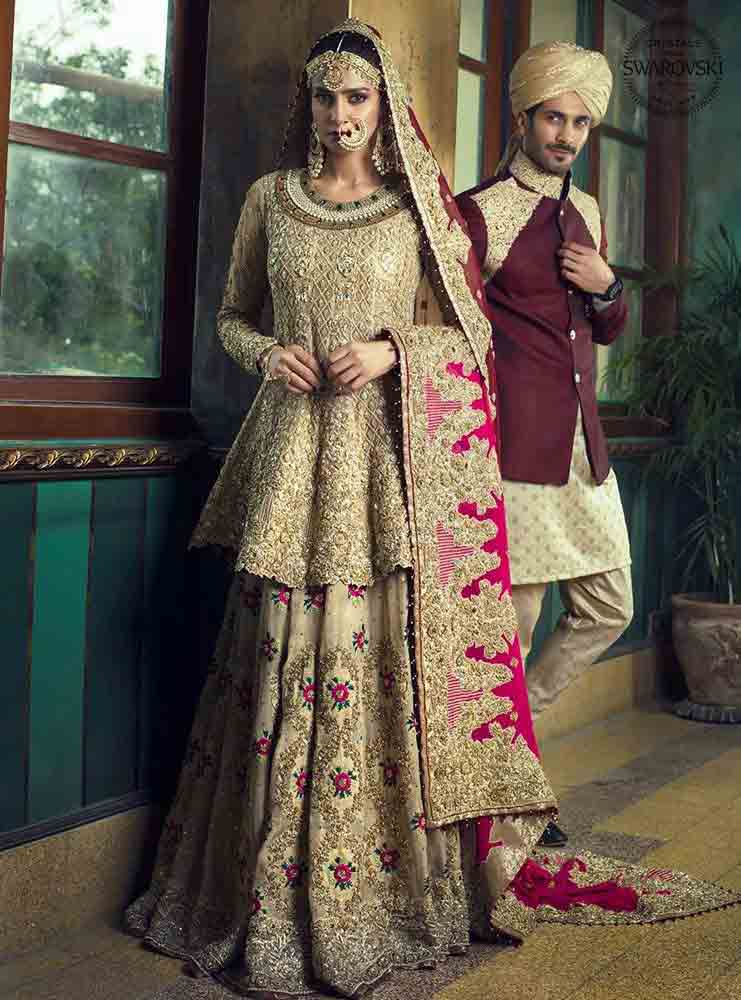 Golden and shocking pink bridal peplum with lehnga