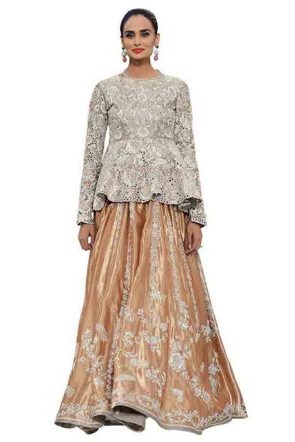 Silver peplum with peach lehnga