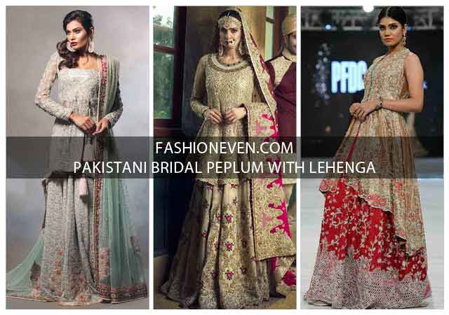 Golden gray red and maroon bridal peplum tops with lehenga