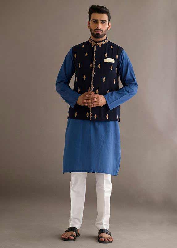 Dark blue waistcoat with blue and white kurta pajama designs 2017 for men in Pakistan