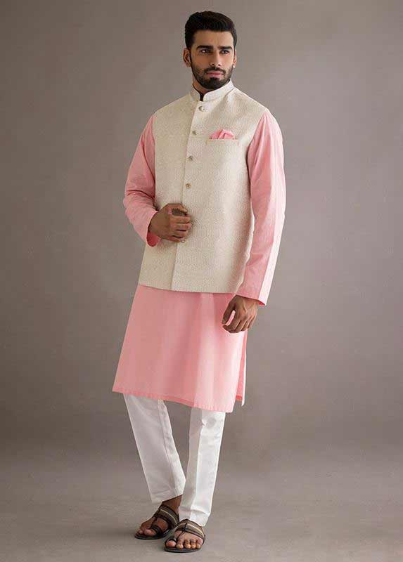 Off white waistcoat with baby pink and white kurta pajama designs 2017 for men in Pakistan