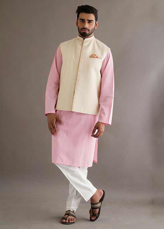 White waistcoat with pink kurta pajama designs 2017 for men in Pakistan