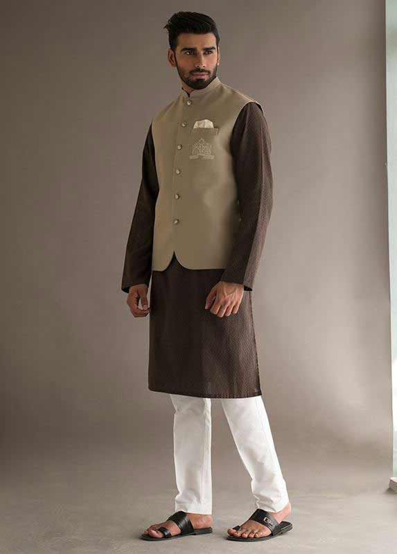 Brown waistcoat with Dark brown kurta pajama designs 2017 for men in Pakistan