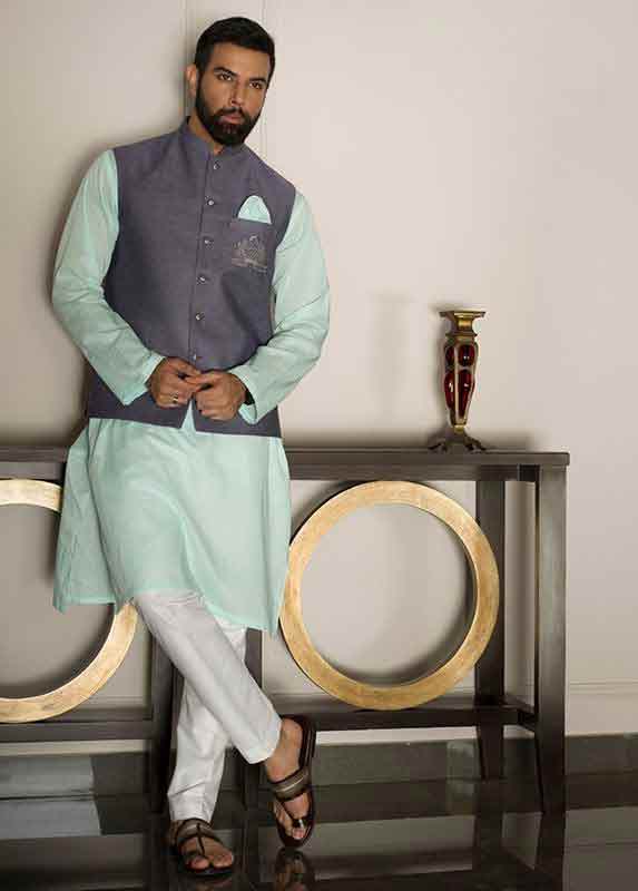 Blue waistcoat with sky blue and white kurta pajama designs 2017 for men in Pakistan