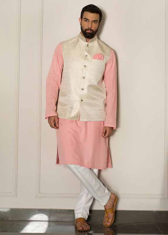 Off white waistcoat with light pink and white kurta pajama designs 2017 for men in Pakistan