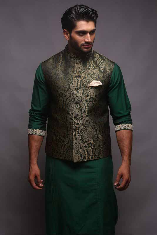 Jamawar waistcoat with green kurta pajama designs 2017 for men in Pakistan