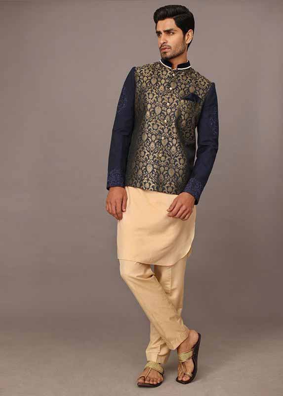 Blue waistcoat with skin kurta pajama designs 2017 for men in Pakistan