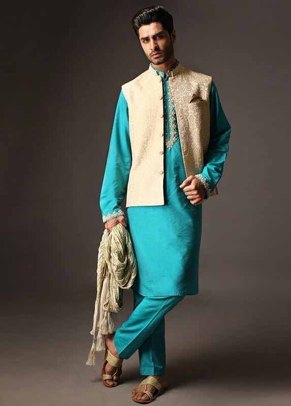 White waistcoat with ferozi or light blue kurta pajama designs 2017 for men in Pakistan