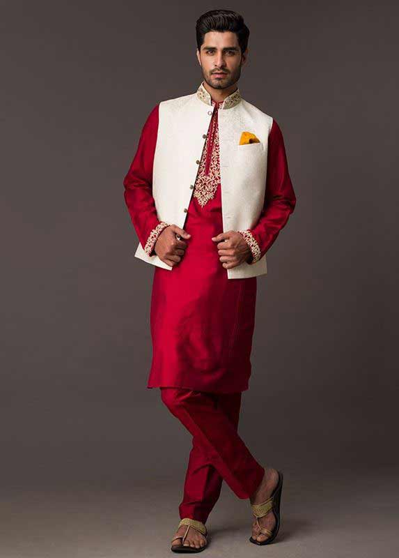 White waistcoat with red kurta pajama designs 2017 for men in Pakistan