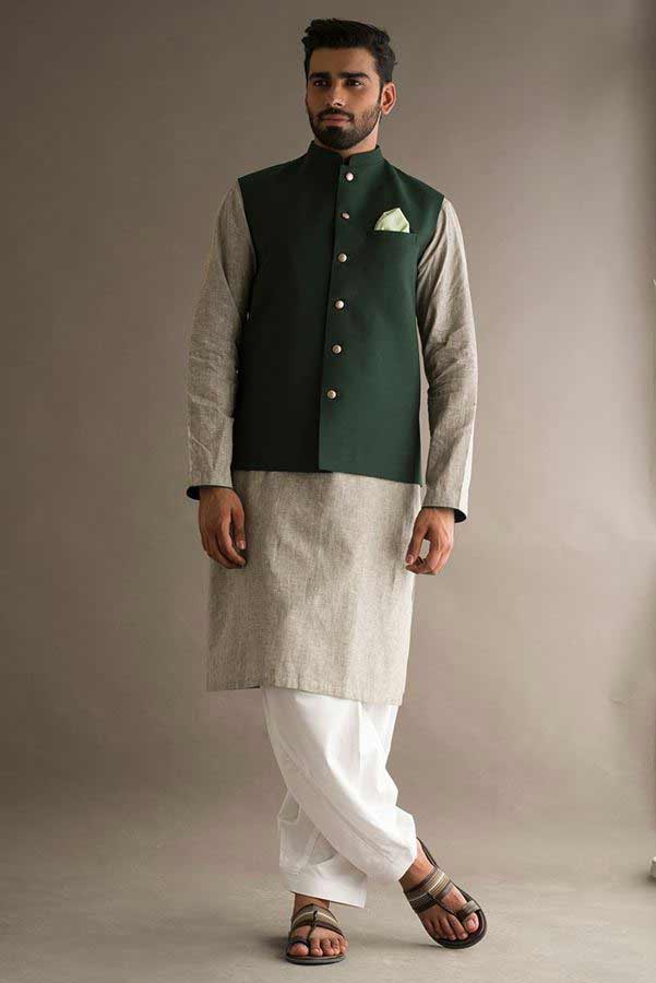 Green waistcoat with kurta pajama designs 2017 for men in Pakistan