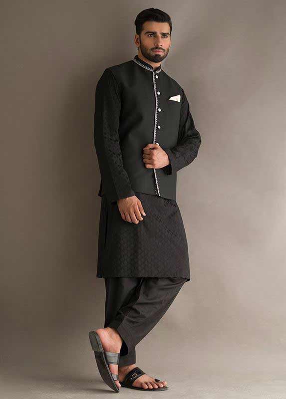 Black waistcoat with black kurta pajama designs 2017 for men in Pakistan