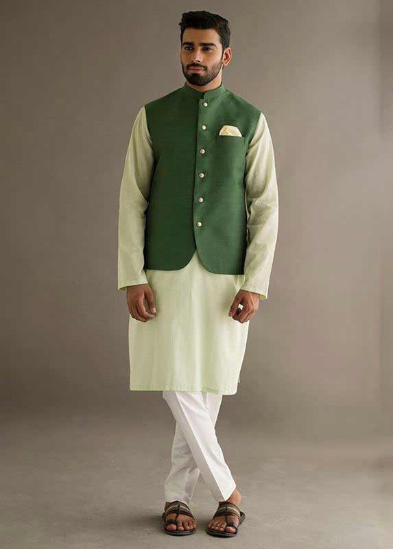 Dark Green waistcoat with lime kurta pajama designs 2017 for men in Pakistan