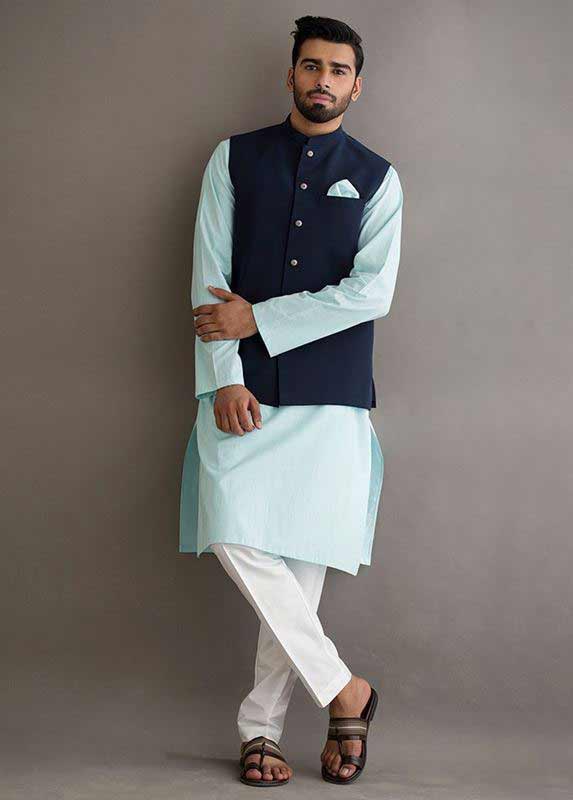 Navy blue waistcoat with sky blue and white kurta pajama designs 2017 for men in Pakistan