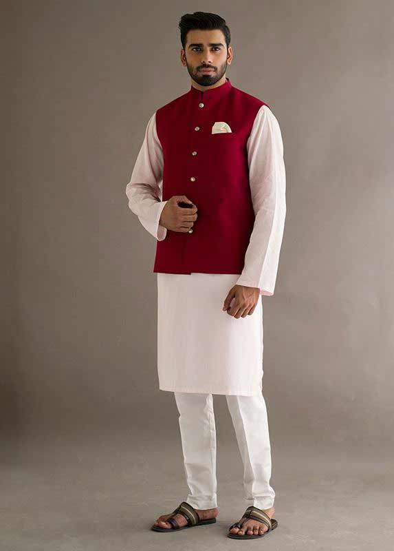 Red waistcoat with white kurta pajama designs 2017 for men in Pakistan