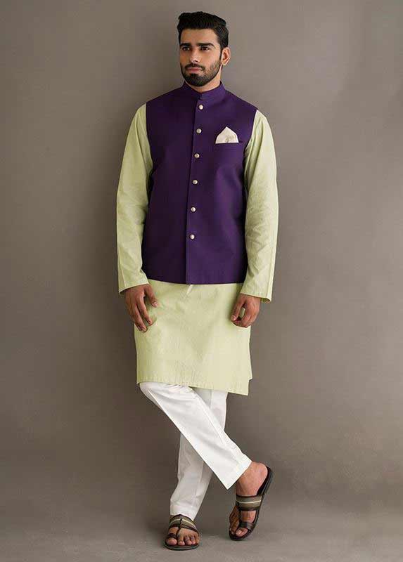 Purple waistcoat with light yellow and white kurta pajama designs 2017 for men in Pakistan 