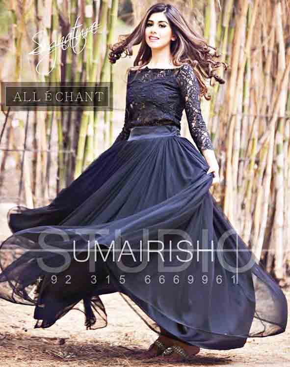 Black party wear long frock designs for girls in Pakistan