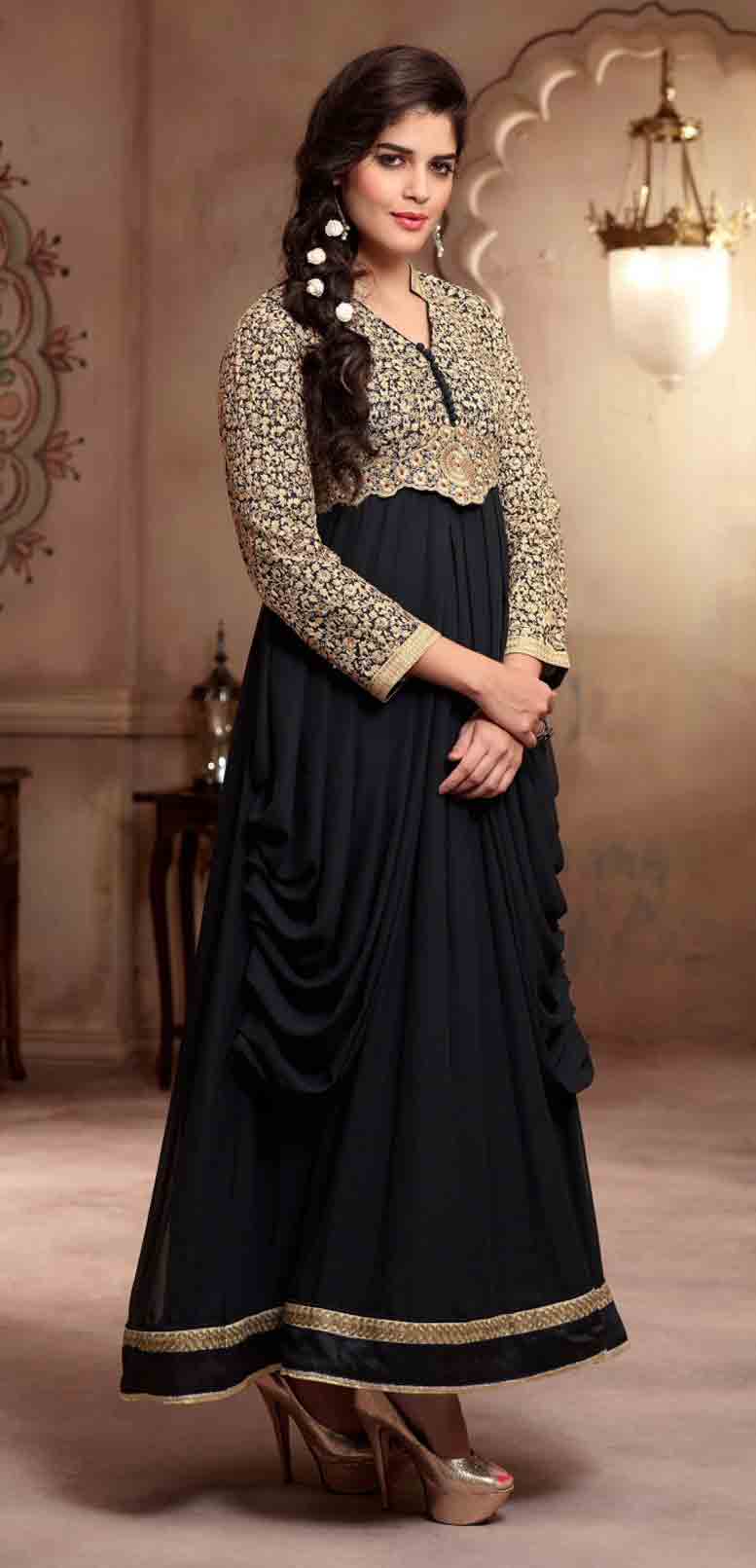 Black party wear long frock designs for girls in Pakistan