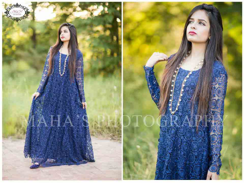 Blue party wear long net frock designs for girls