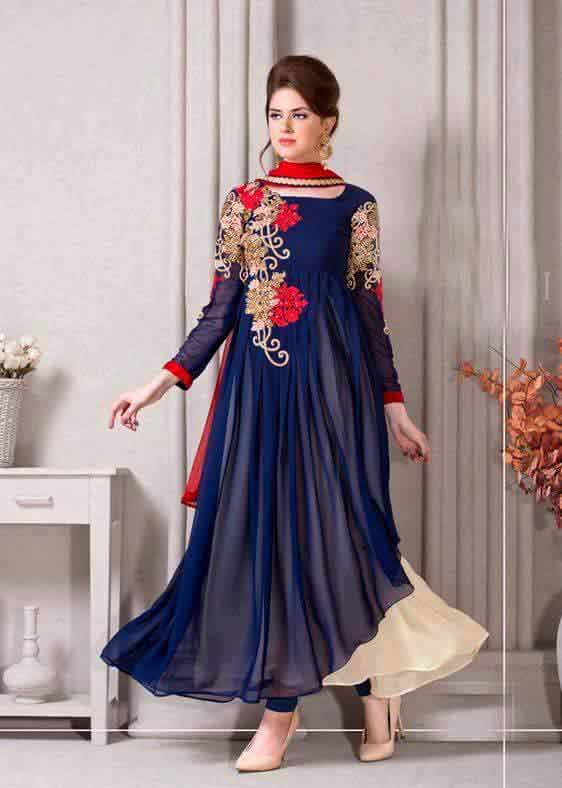 Blue and red party wear frock designs for girls in Pakistan