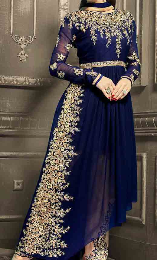 Blue and golden party wear long frock designs for Pakistani girls