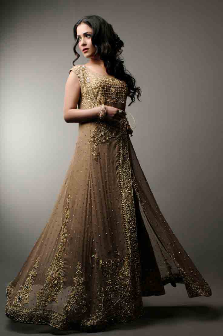 Golden party wear long frock designs for girls