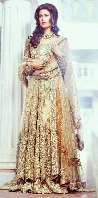 Golden party wear long frock designs for girls in Pakistan