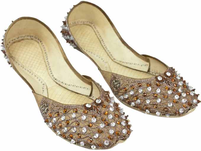 Golden party wear fancy khussa shoes designs for girls