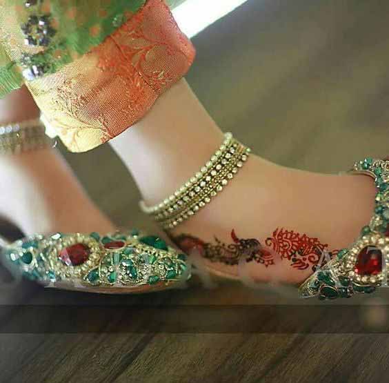 Green party wear fancy khussa shoes designs for girls