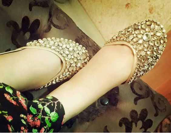 Golden party wear kundan fancy khussa shoes designs for girls